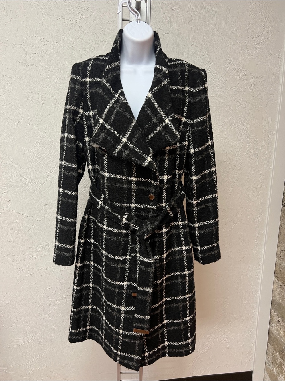 Ted Baker Rosylin Black & White Windowpane Wool-Blend Women's Wrap Coat Size 8